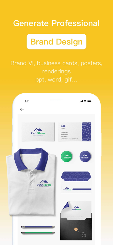 LogoAI Maker - LogoAI Maker app interface displaying professional brand design mockups including business cards and apparel