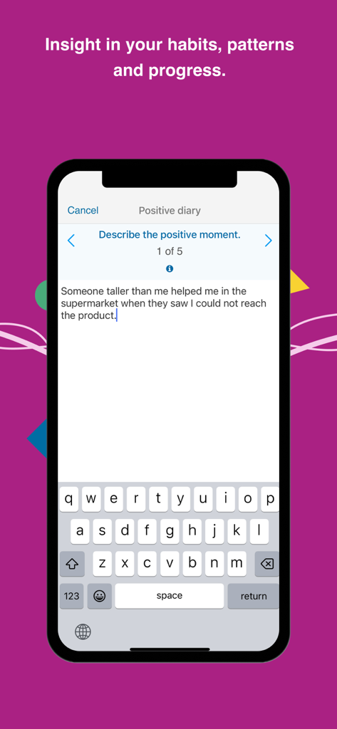 Minddistrict - Minddistrict App positive Tagebuchansicht zur Verfolgung des psychischen Wohlbefindens und Fortschritts