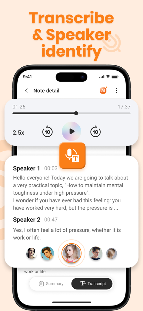 Note AI: Voice AI Transcribe - Interfaz de una aplicación móvil que muestra la función de transcripción de Note AI con identificación de hablantes y controles de reproducción de audio.