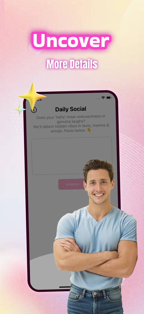 Foca - Chat,Connect - Foca app interface showing a text analysis feature to uncover hidden vibes and social intentions in digital messages