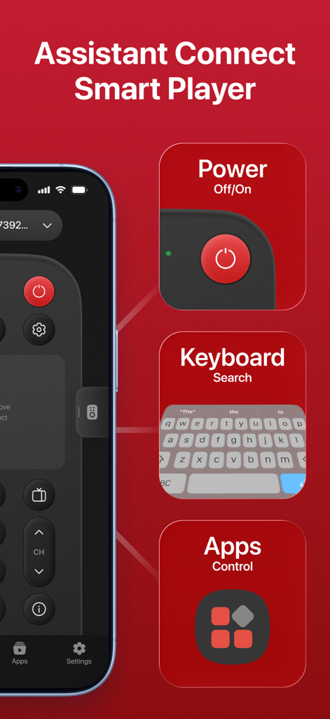 TCL Remote Control: Home & TV - TCL Remote Control app interface on a smartphone highlighting power control keyboard search and app management features