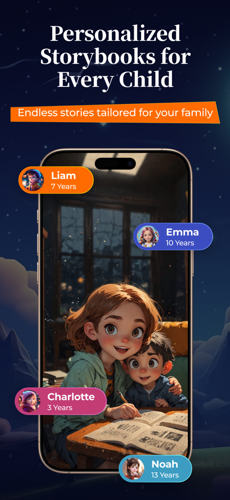 StoryStax - Kids Story Creator - StoryStax app interface displaying personalized child profiles for tailored AI storybooks