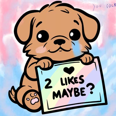 a puppy holding a sign that says 2 likes maybe?