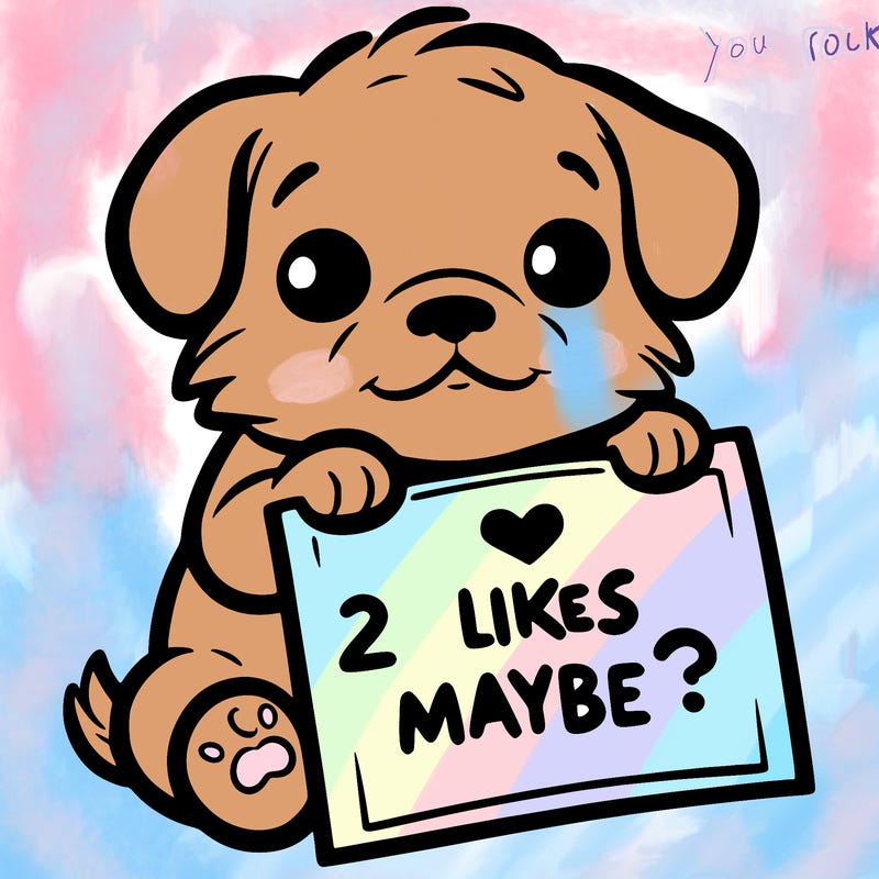 a puppy holding a sign that says 2 likes maybe?
