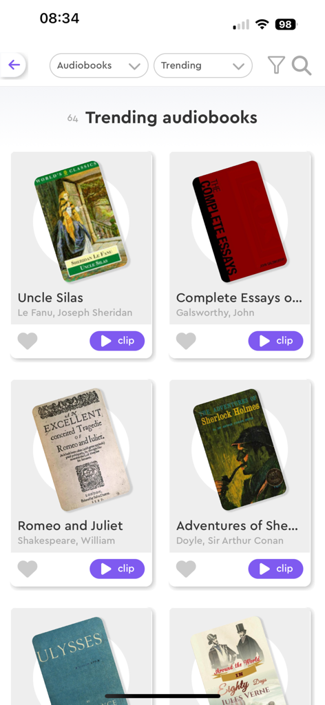 Digitalbook: audiobooks ebooks - A collection of trending audiobooks with book covers and preview clip buttons in the Digitalbook app