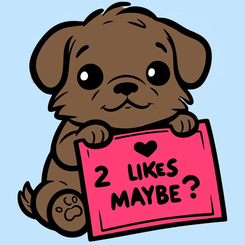 a puppy holding a sign that says 2 likes maybe?