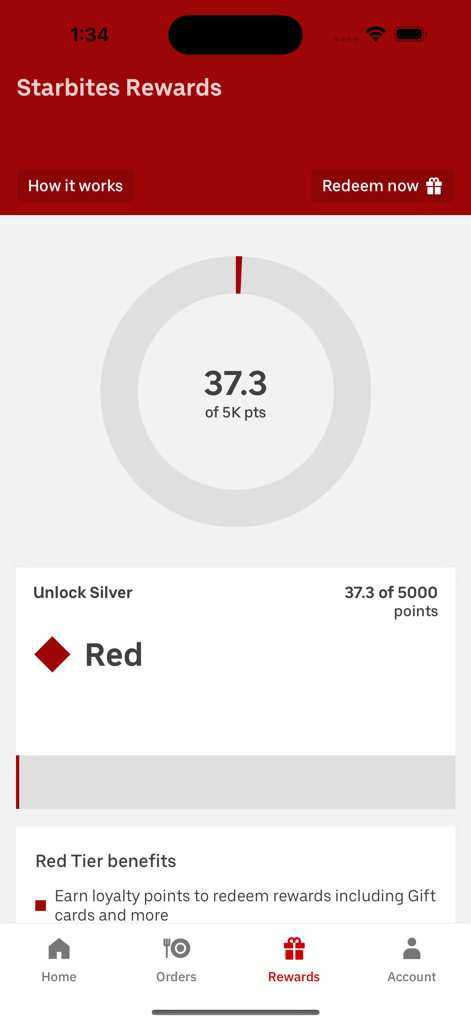 Starbites mobile app rewards screen showing loyalty points and tier level
