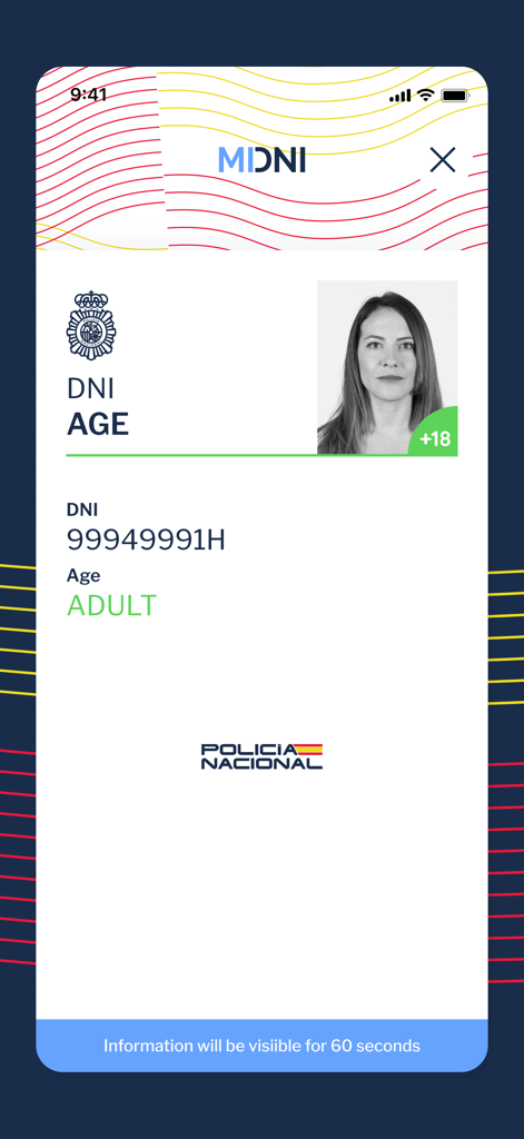 Visualización de la tarjeta de identidad nacional digital española dentro de la app MiDNI mostrando el número de DNI y la verificación de edad