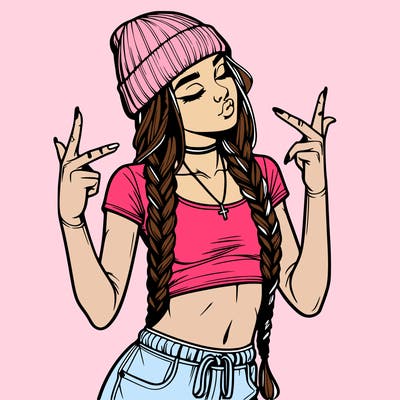 realistic teenage girl with braids and a beanie and crop top doing 🫶🏼
