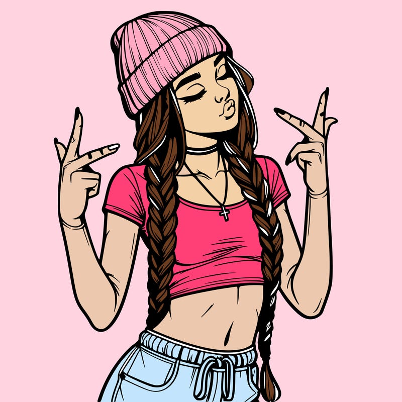 realistic teenage girl with braids and a beanie and crop top doing 🫶🏼