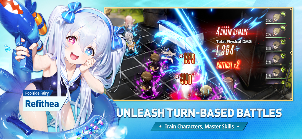 Combat tactique au tour par tour de BrownDust2 mettant en scène le personnage anime Refithea