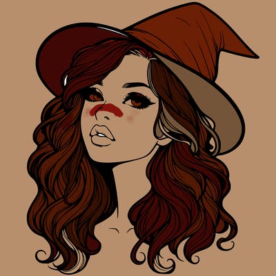 realistic witch girl with wavy hair and lips