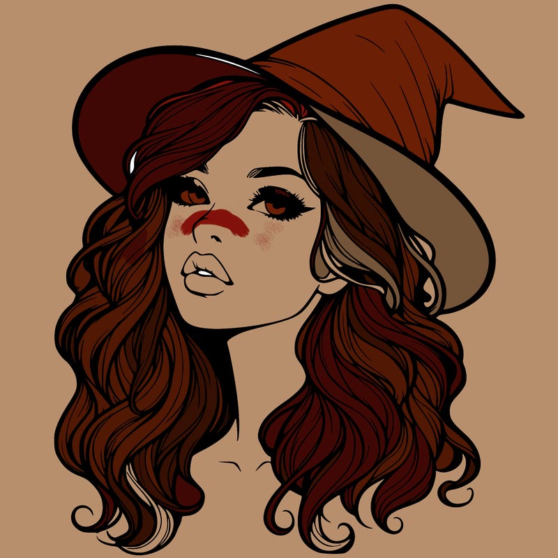 realistic witch girl with wavy hair and lips