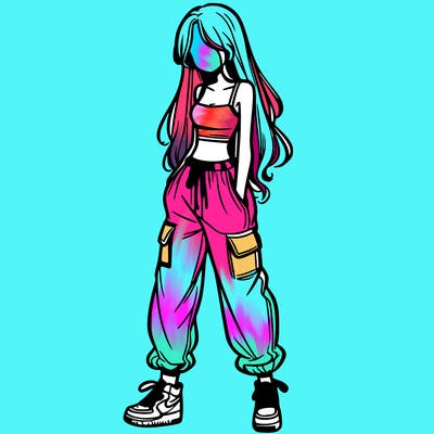 girl in baggy pants crop top and long hair