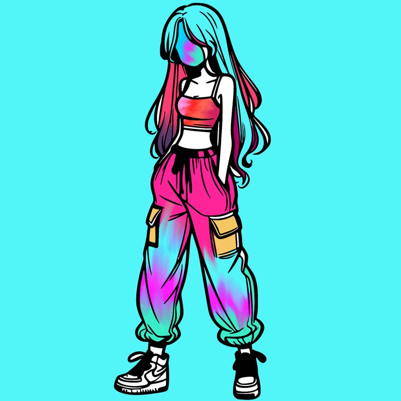 girl in baggy pants crop top and long hair