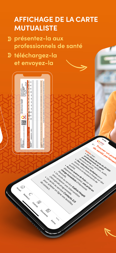 Harmonie & moi - Affichage sur smartphone de la carte d'assurance numérique Harmonie et moi et de la fonction de recherche de partenaires de santé