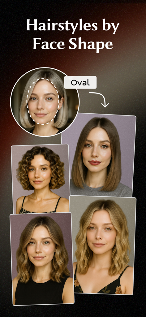 AI hairstyle recommendations for an oval face shape displayed on the Glowify app