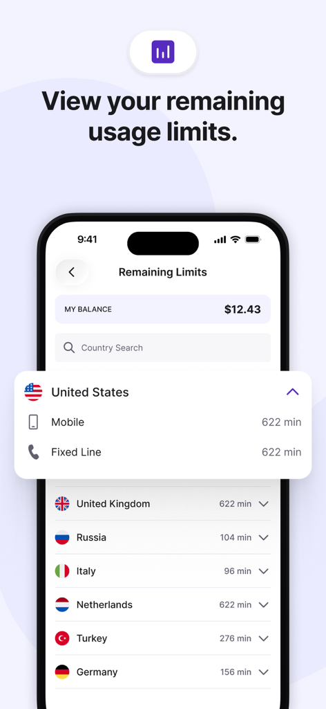 Telicall: Global Phone Calls - A screenshot of the Telicall app showing remaining international calling minutes and account balance