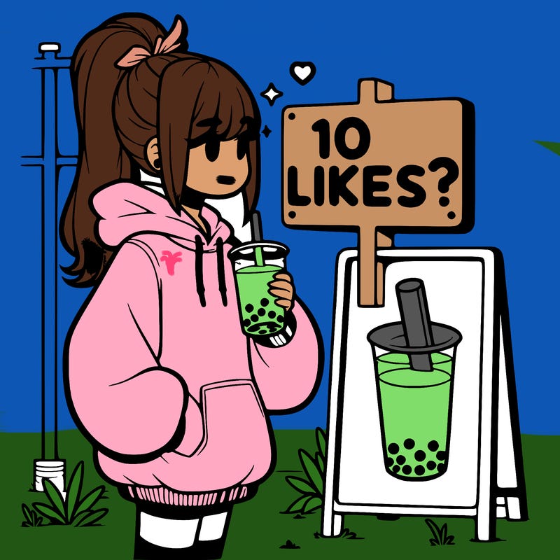 girl with oversized hoodie drinking boba and she has a high ponytail with a sign that says 10likes?