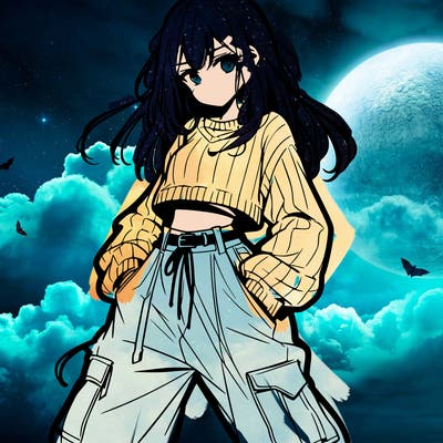 anime teen girl with baggy pants and crop top with sweater