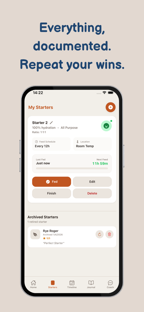 Sourdough Forge: Starter - Mobile app interface showing sourdough starter tracking with feeding schedules hydration levels and historical data