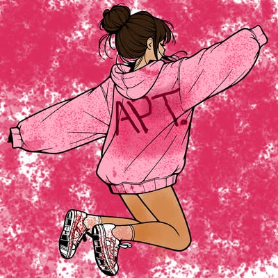 realistic girl jumping with a bun and oversized sweatshirt