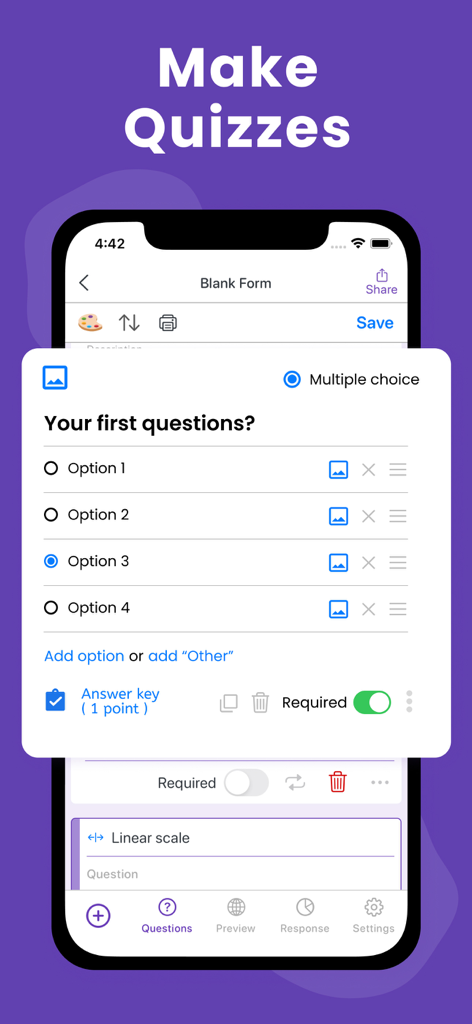 Erstellung einer Multiple-Choice-Quizfrage mit der App Forms für Google Formulare auf dem iPhone.