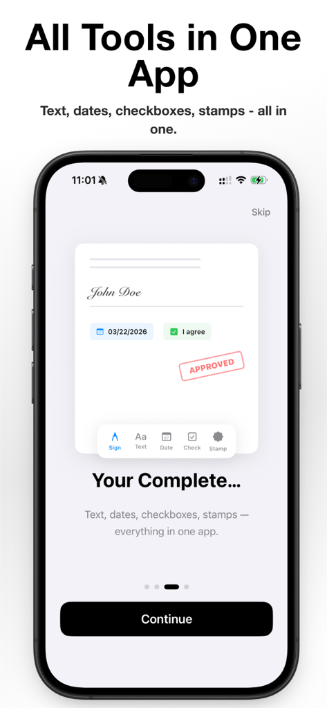 eSign PDF - Signature Maker - Tela do iPhone mostrando um documento PDF sendo assinado e editado com texto, datas e carimbos