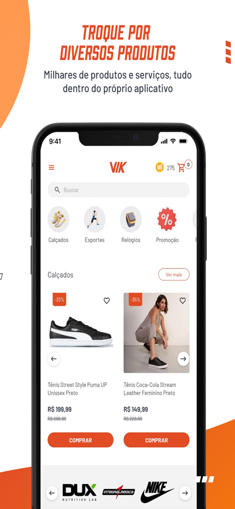 VIK - VIK app marketplace screen showing fitness products and sneakers available for exchange with reward points.