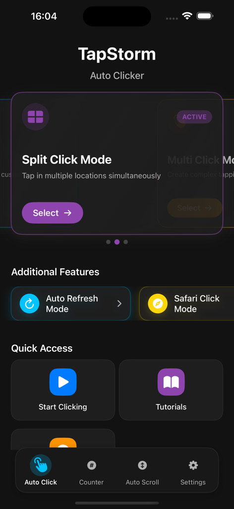 Auto Clicker Assistant TapStom - TapStorm app interface showing split click mode and auto refresh features