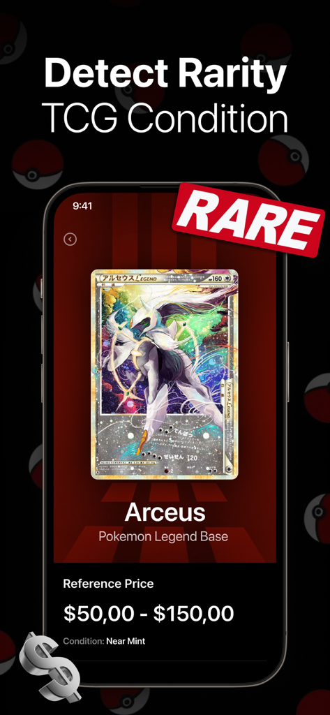 Poke AI: Pokemon Card Scanner - Mobile app interface identifying a rare Arceus Pokemon card with its market price and condition.