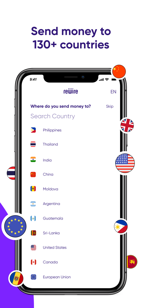 Mobile app interface of Rewire showing a list of destination countries for sending money abroad.