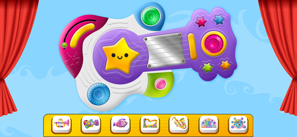 Colorful toy guitar interface with a smiling star and interactive buttons on a stage