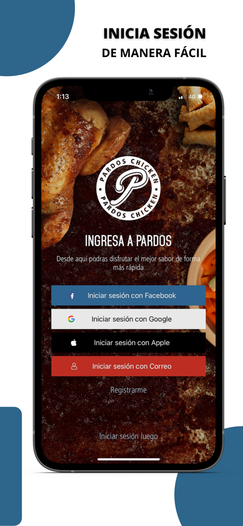 Pardos Chicken app login screen displaying multiple sign in options including Facebook Google and Apple on a Peruvian food background
