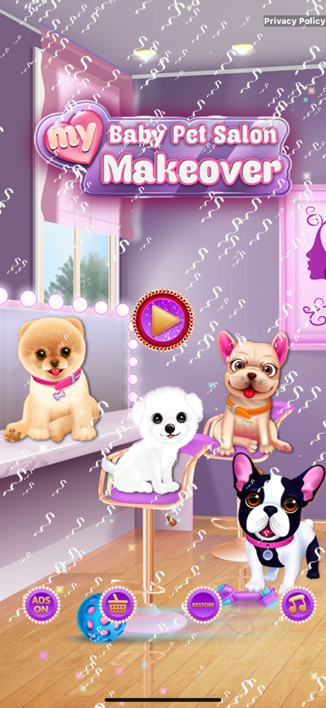 My Baby Pet Salon Makeover - Cuatro cachorros adorables en la pantalla de inicio de la aplicación My Baby Pet Salon Makeover en un entorno de salón colorido.