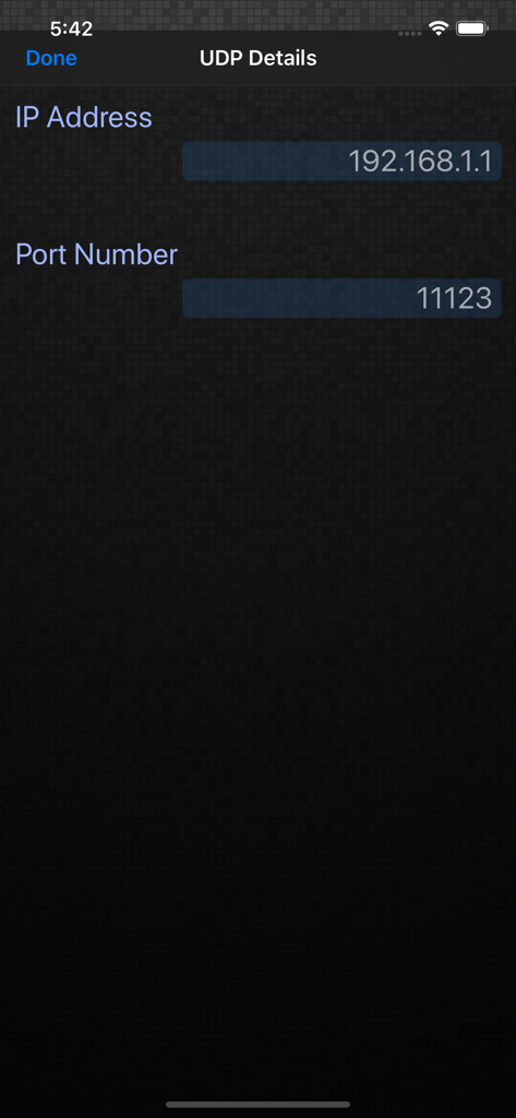 GPS 2 IP - Screenshot of the UDP Details configuration screen in the GPS 2 IP app showing IP Address and Port Number fields