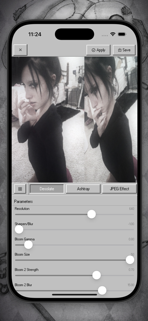 Interface of the Bleach Bypass app showing manual sliders for cinematic photo effects and filters like Desolate and Ashtray