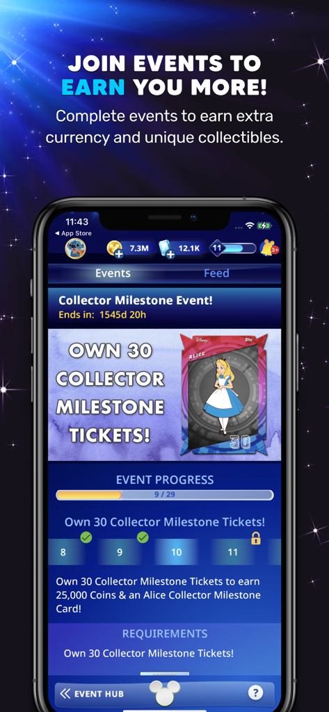 Disney Collect! by Topps® - Disney Collect by Topps app milestone event interface with Alice in Wonderland card.