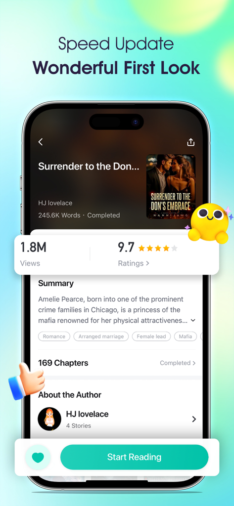 Hinovel - Read Stories - Pantalla de smartphone mostrando detalles y valoraciones de un libro para una historia de romance en la app Hinovel