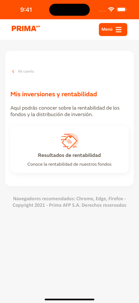 Prima AFP - Prima AFP app screen displaying investment performance and fund profitability results
