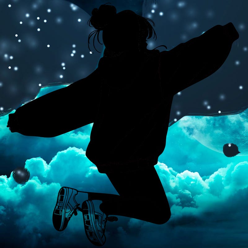 realistic girl jumping with a bun and oversized sweatshirt