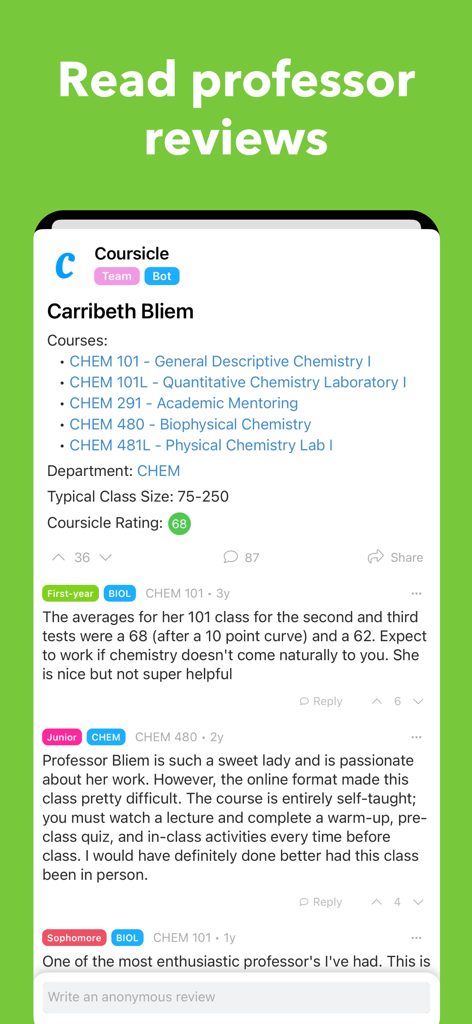Coursicle app interface showing professor ratings and student reviews for university courses