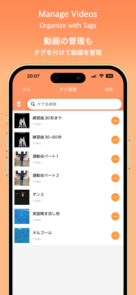 SymPlayer - Master Movement - - カスタムタグで整理された動画リストを表示するSymPlayerアプリのインターフェース