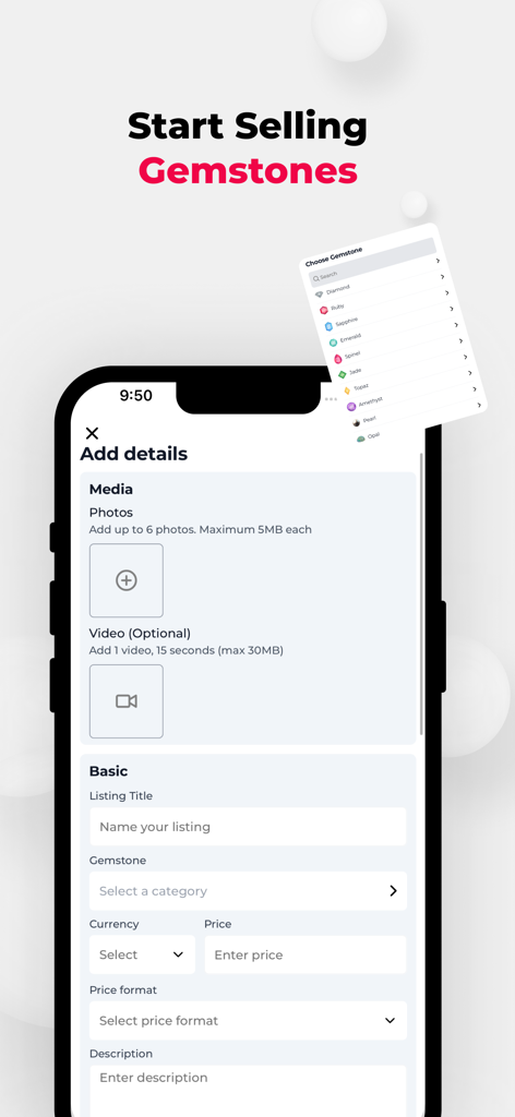 Ruby Glint: Rock Identifier - Interface of the Ruby Glint app showing how to create a listing to sell gemstones with fields for photos, video, title, and price.