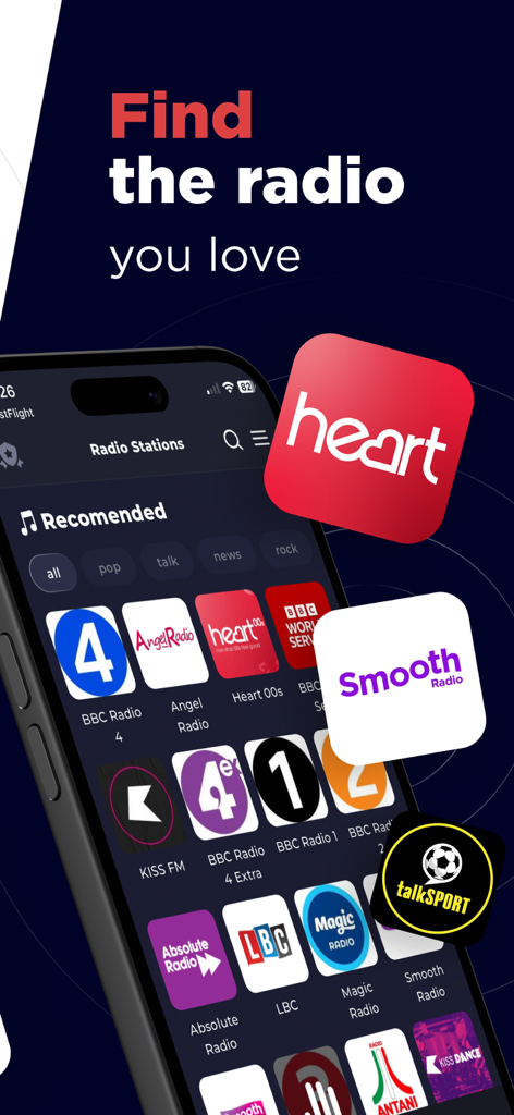 A smartphone showing the Radio UK app interface with various station logos like BBC Heart and LBC