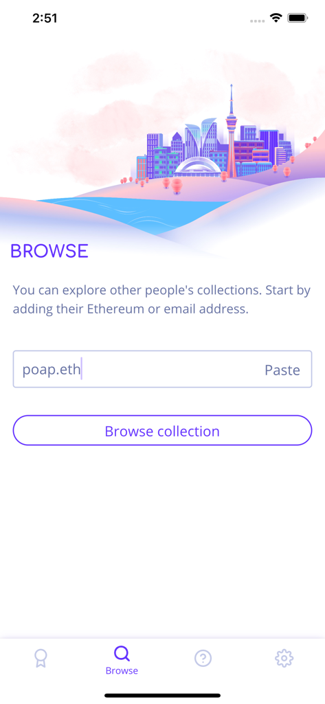 POAP app interface showing the browse page where users enter an Ethereum address to view collections