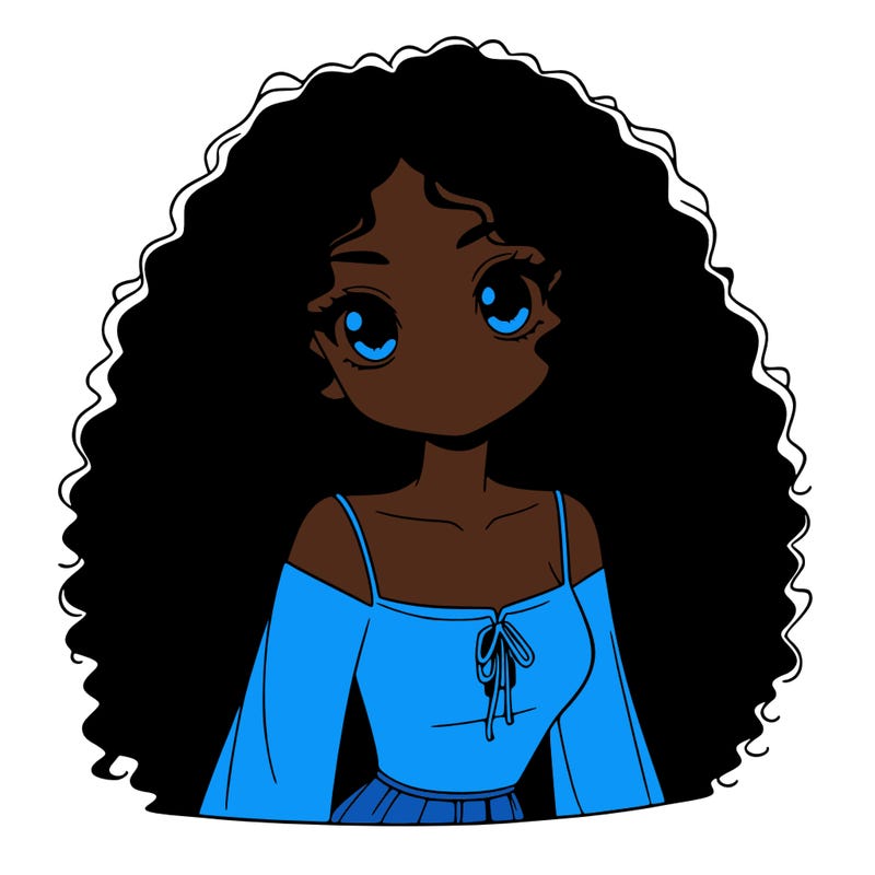 a black anime girl with long afro hair