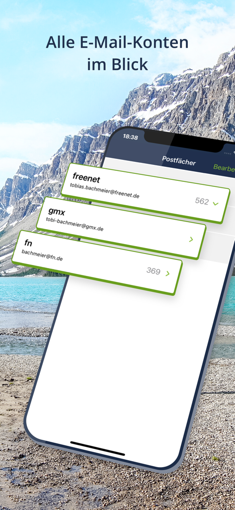 Smartphone screen showing the freenet Mail app interface with multiple email accounts managed in one place.
