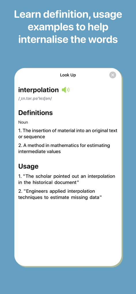 Spelling Bee - Beezy - Screenshot of the Spelling Bee Beezy app showing the definition and usage examples for the word interpolation