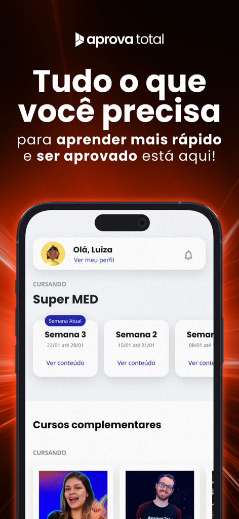 Interface do aplicativo móvel Aprova Total mostrando um cronograma de estudos personalizado para a preparação para o exame ENEM